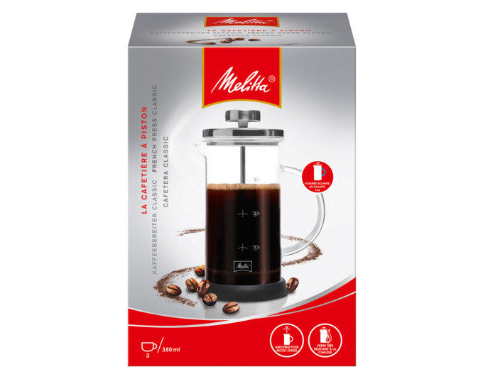 MELITTA Kaffeezubereiter aus Edelstahl mit transparenter Glaskanne aus Borosilikatglas, silbernem Griff und Presssieb, Fassungsvermögen 350 ml.