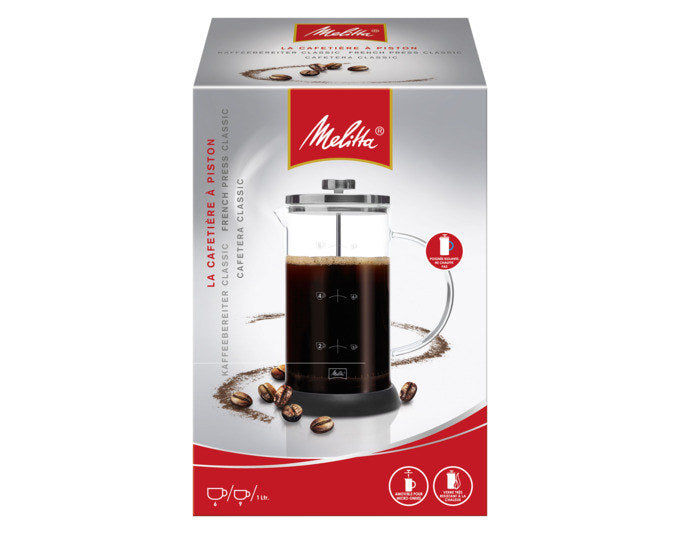 Grüner MELITTA Kaffeebereiter mit hitzebeständiger Glaskanne aus Borosilikatglas, isolierendem Griff und Presssieb aus Edelstahl im Detail.