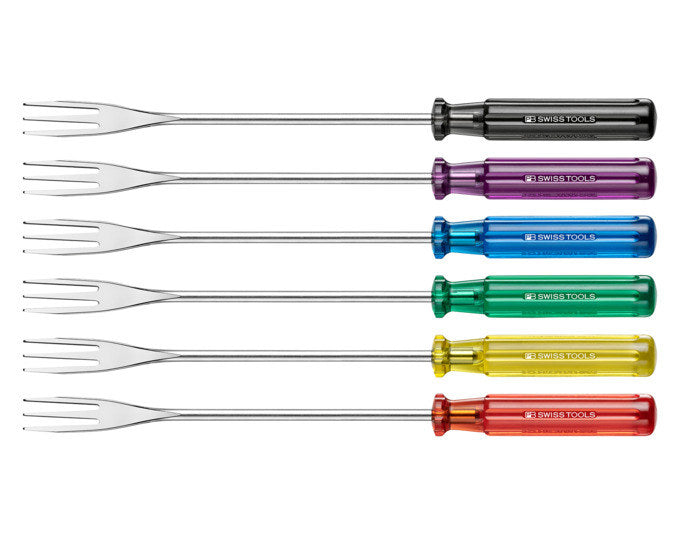 Sechs Käsefonduegabeln von PB Swiss Tools mit farbigen Griffen in Gelb, Rot, Violett, Blau, Grün und Schwarz, Gabelkopf aus rostfreiem Stahl.