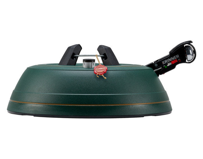 Dunkelgrüner Christbaumständer mit rundem Fuss (Durchmesser 37 cm), Fusspedal, integriertem Wassertank und Wasserstandsanzeige für Weihnachtsbäume.