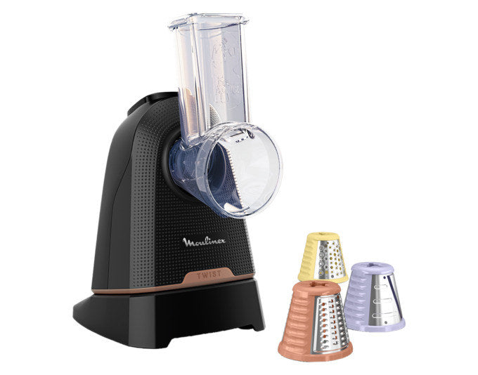Schwarze MOULINEX Trommelraffel Fresh Express Twist DK8638E0 mit drei silbernen Edelstahlkegeln und Kunststoff-Frontseite auf weissem Hintergrund.