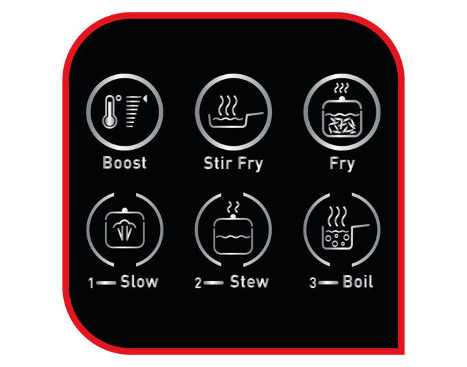 Schwarze TEFAL Induktionsplatte IH2108 mit digitalem Display und Bedienfeld, flache Bauform, auf heller Arbeitsfläche platziert.