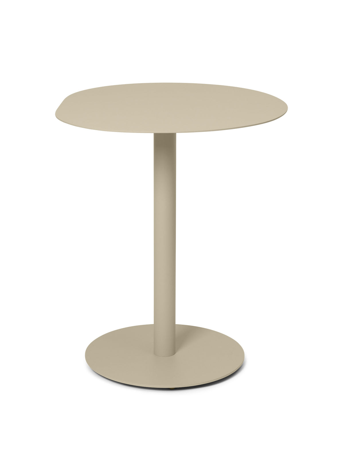 Pond Café-Tisch von Ferm Living mit organisch geformter runder Tischplatte aus pulverbeschichtetem, verzinktem Stahl und schlankem Standfuss.