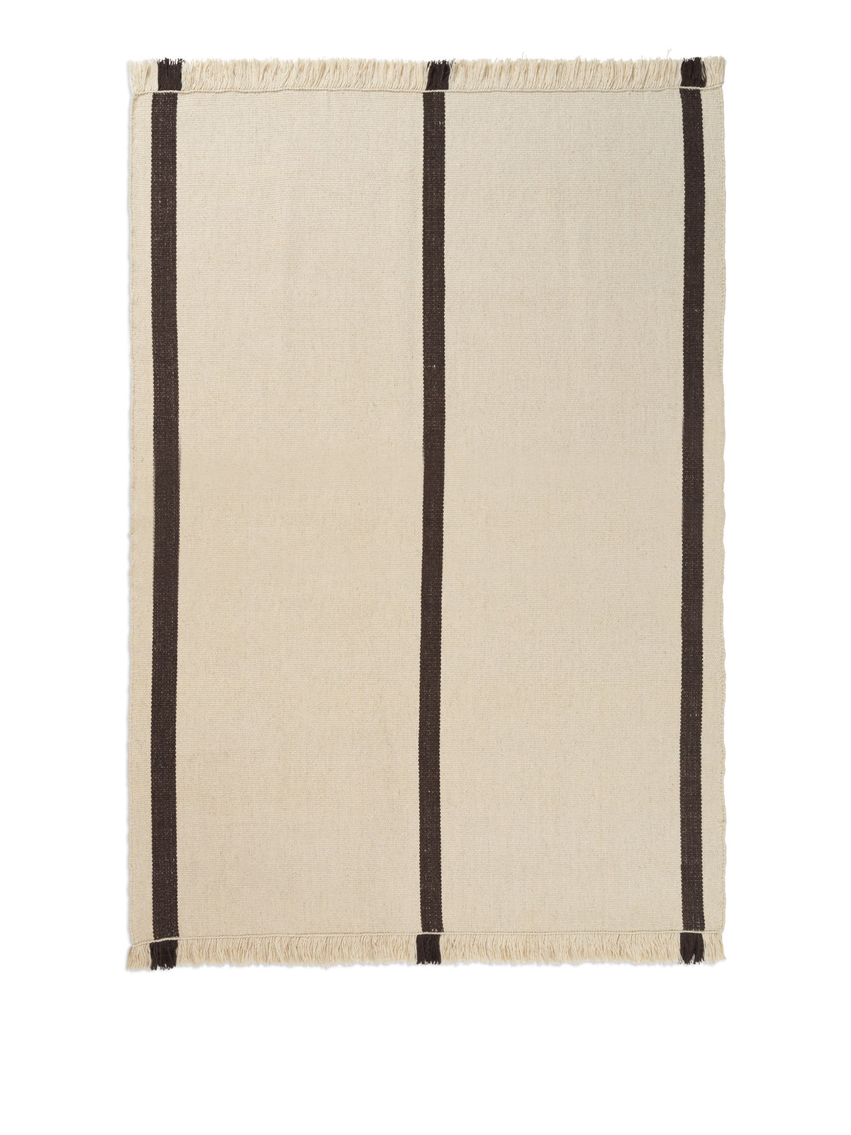 Rechteckiger Kelim Teppich aus 100% Wolle in Dark Sand und Offwhite, handgewebt mit grober, strukturierter Oberfläche, liegend fotografiert.