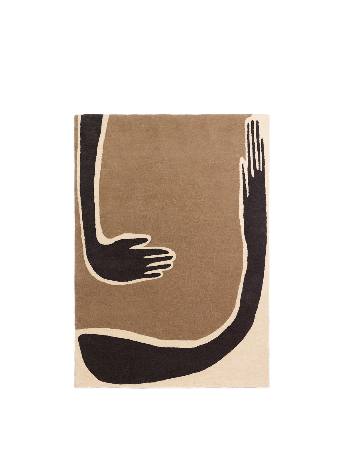 Getufteter Teppich Pose von Ferm Living in Dark Coffee/Offwhite mit stilisiertem Armmotiv, Vorderseite aus neuseeländischer Wolle, Rückseite aus Baumwolle.