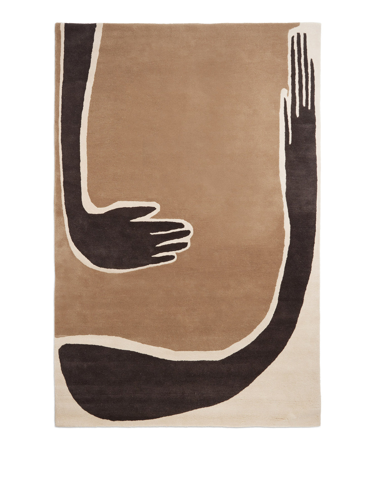 Getufteter Teppich Pose von Ferm Living in Dark Coffee/Offwhite mit stilisiertem Armmotiv, Vorderseite aus neuseeländischer Wolle, Rückseite aus Baumwolle.