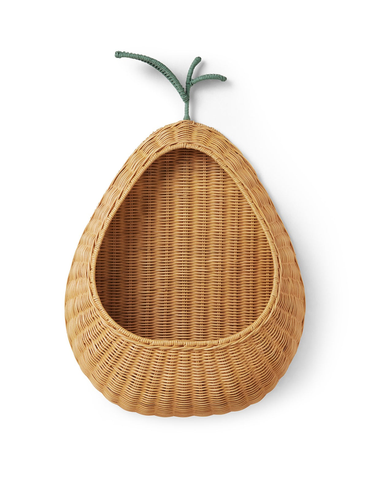 Birnenförmige Wandtasche aus geflochtenem Rattan in Natural mit grünem Blatt-Detail und Innenstruktur aus Eisen, für Kinderzimmer.