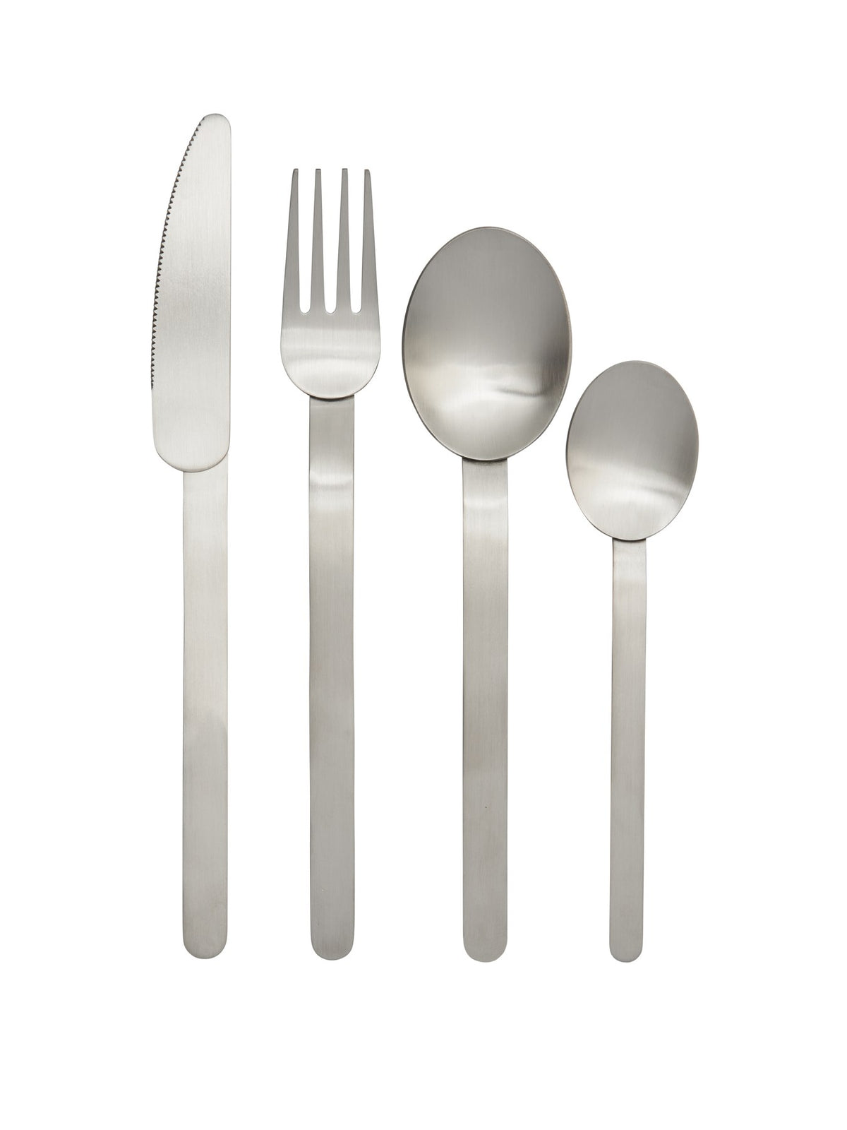Stelo Besteckset aus 4 Teilen von Ferm Living in gebürstetem Edelstahl, schmale Griffe und flacher Besteckkopf mit unsichtbarer Schweissnaht.