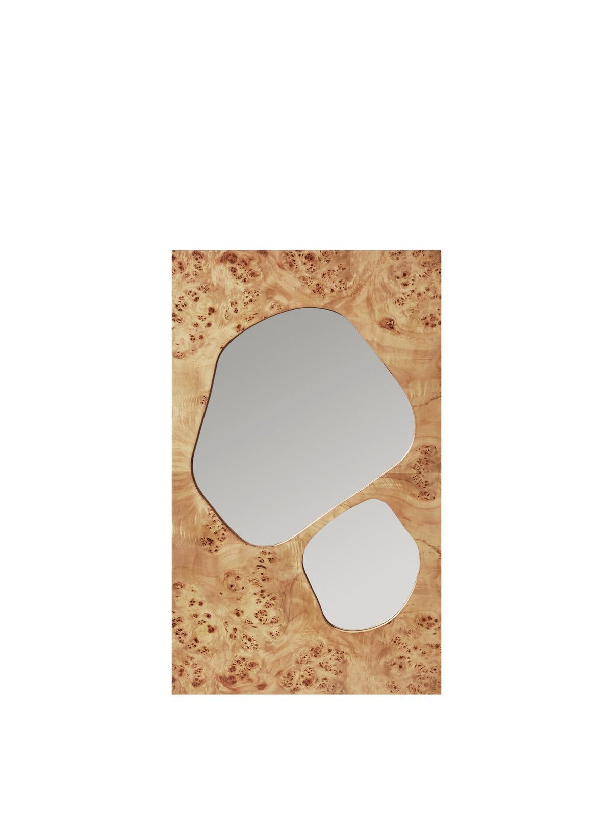 Wandspiegel Folia aus Pappel-Burl-Furnier mit MDF-Kern, asymmetrische blattförmige Spiegel-Einlegearbeiten, Farbe Natural.