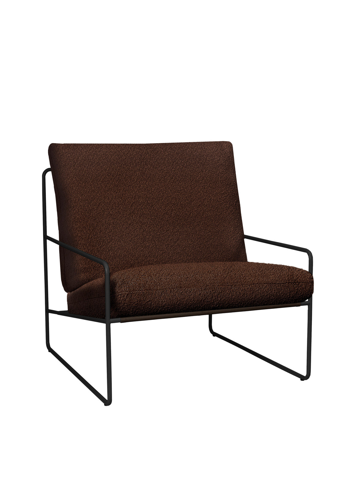 Desert 1-Sitzer von Ferm Living in Cashmere/Chestnut mit Bouclé-Bezug, Stahlrahmen und gepolstertem Sitzkissen für den Aussenbereich