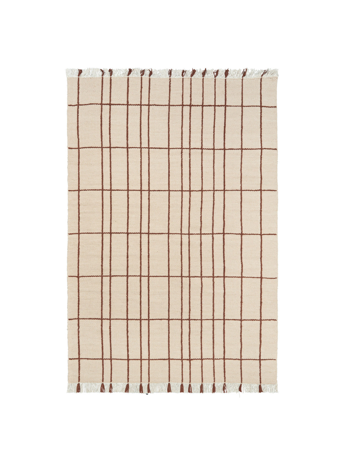 Flachgewebter Sen Teppich von Ferm Living in Parchment/Chestnut mit Karomuster, Reliefstruktur und Fransen an den Kanten, aus Wolle und Baumwolle.