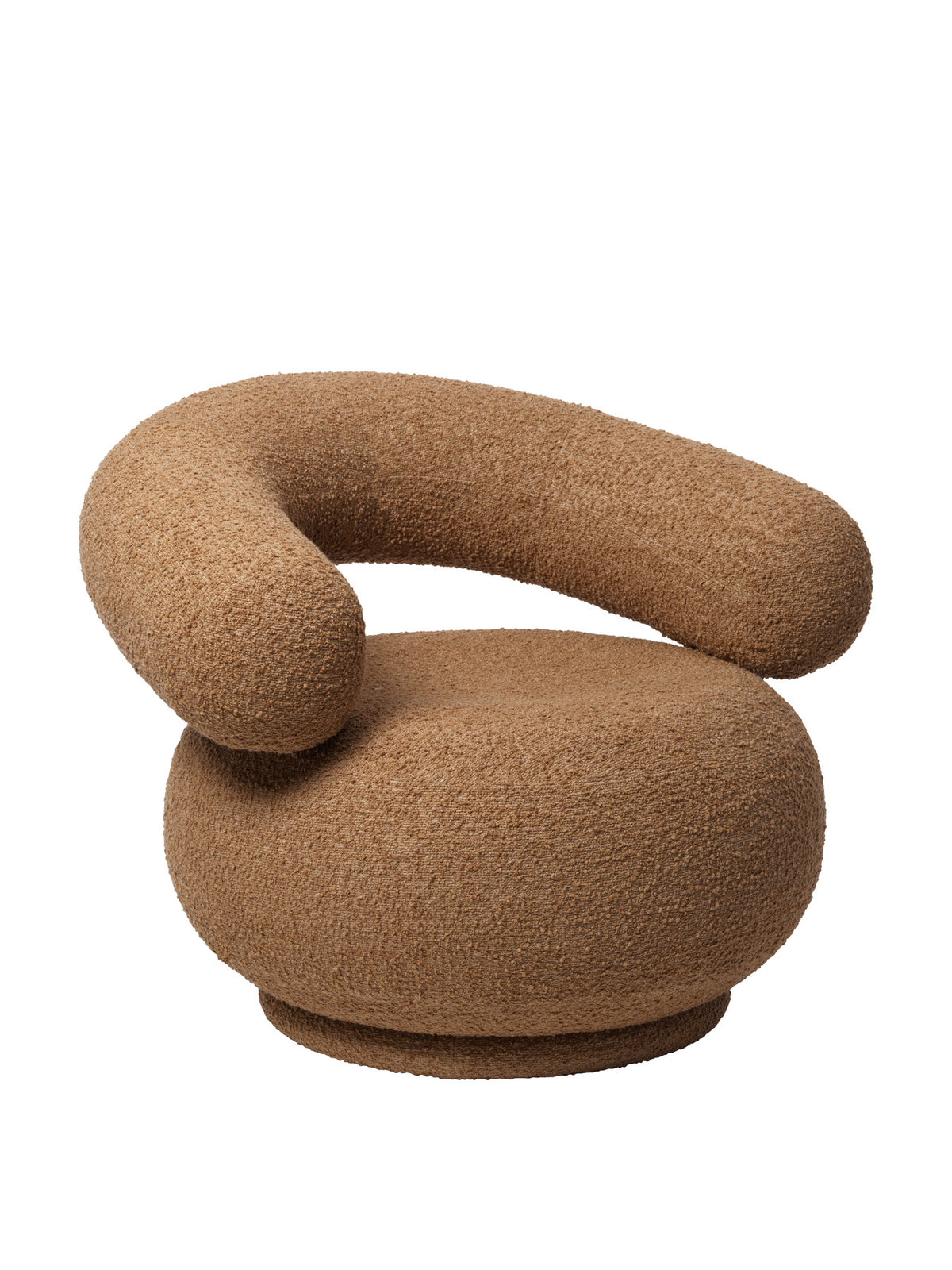 Orbo Loungesessel mit runder Form und Bouclé-Bezug, röhrenförmige Rückenlehne, Drehfuss