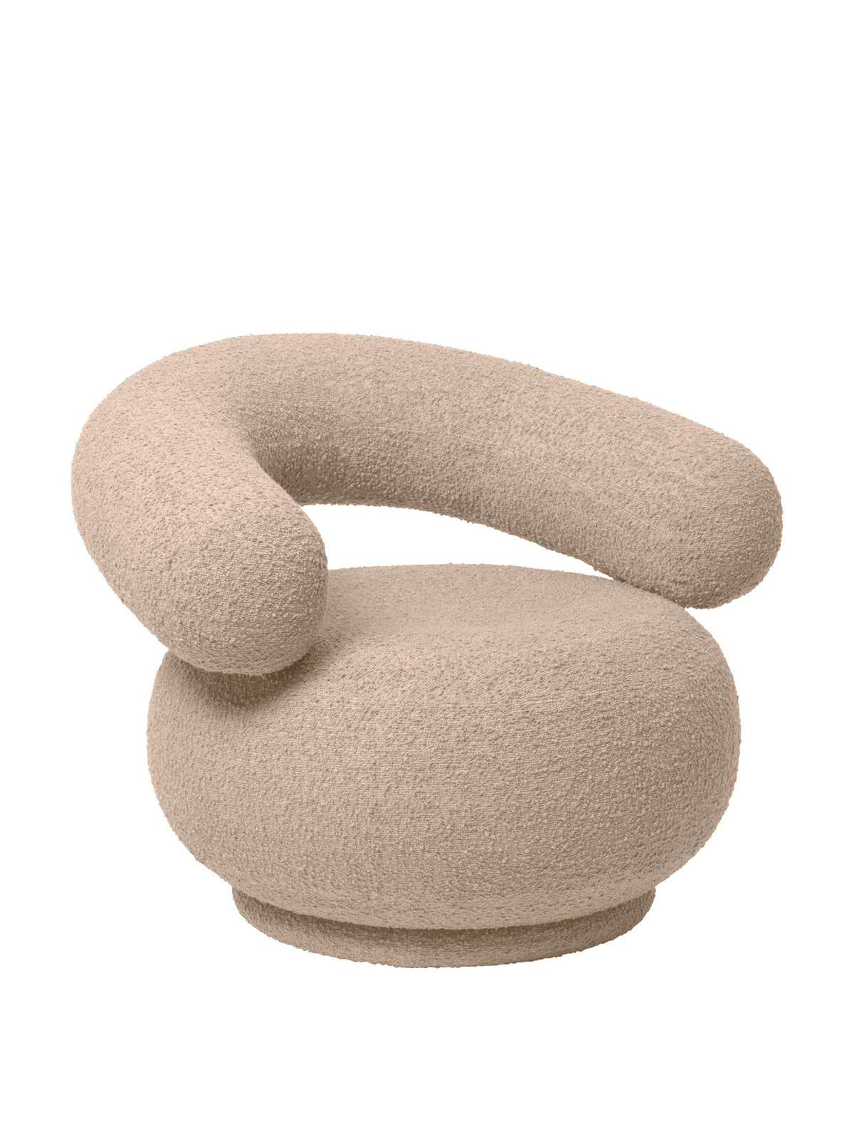 Orbo Loungesessel mit runder Form und Bouclé-Bezug, röhrenförmige Rückenlehne, Drehfuss
