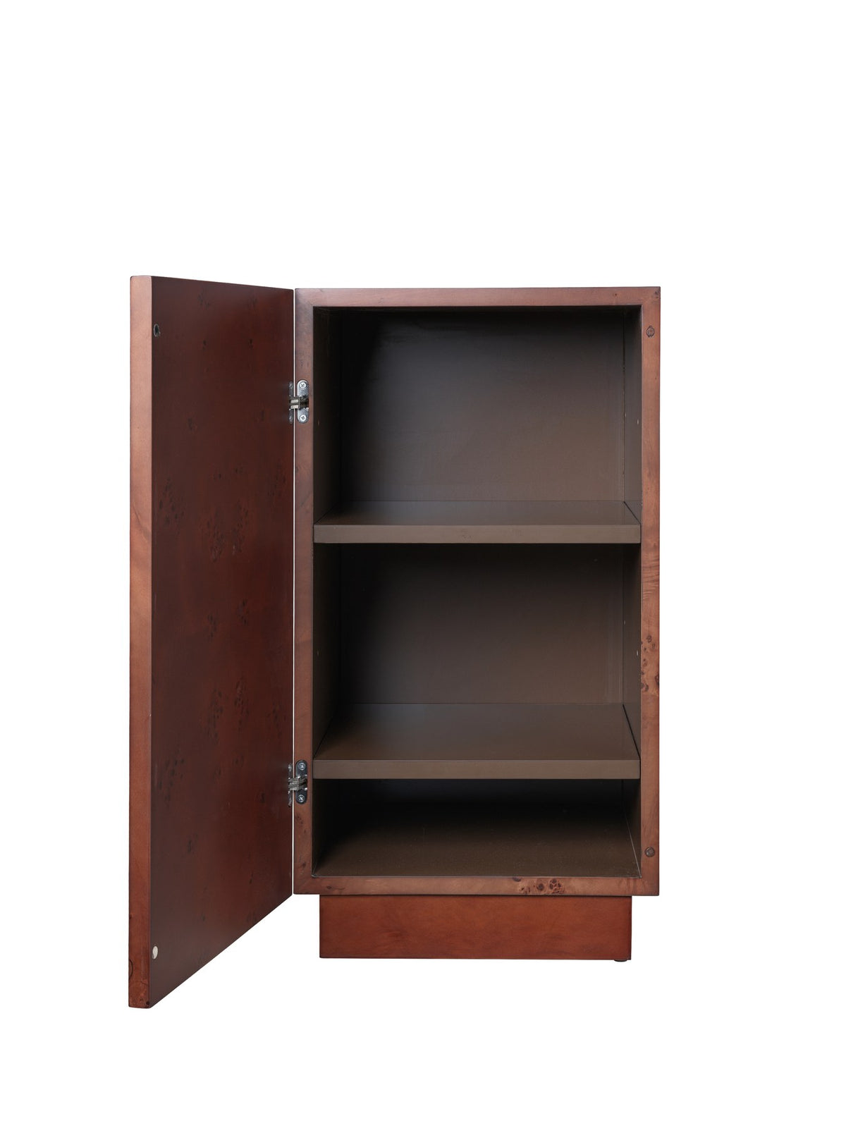 Burl Beistelltisch von Ferm Living mit dunkel gebeiztem Wurzelholzfurnier auf MDF-Kern, sockelartige Form mit verstecktem Stauraum.