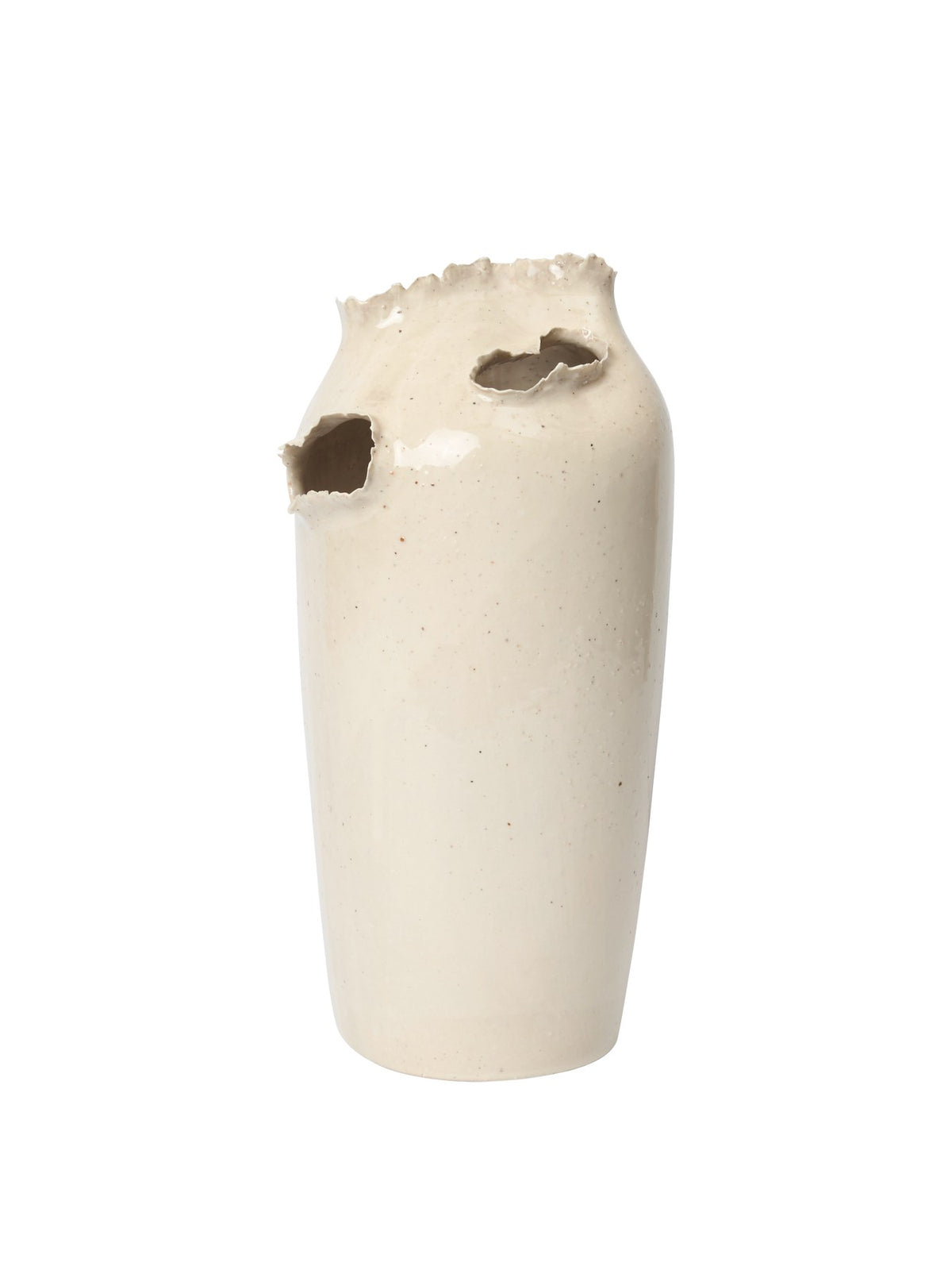 Off-White Vase Tereo aus glasiertem Steinzeug mit handgeformter Öffnung und texturiertem Rand, schlichte hohe Form, Höhe 27 cm.
