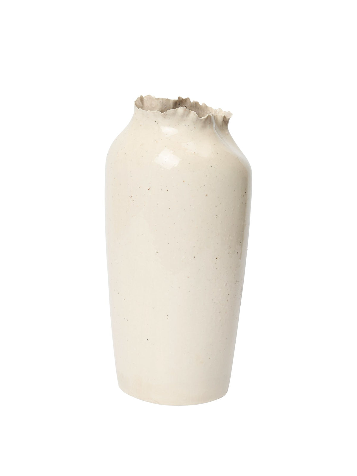 Off-White Vase Tereo aus glasiertem Steinzeug mit handgeformter Öffnung und texturiertem Rand, schlichte hohe Form, Höhe 27 cm.