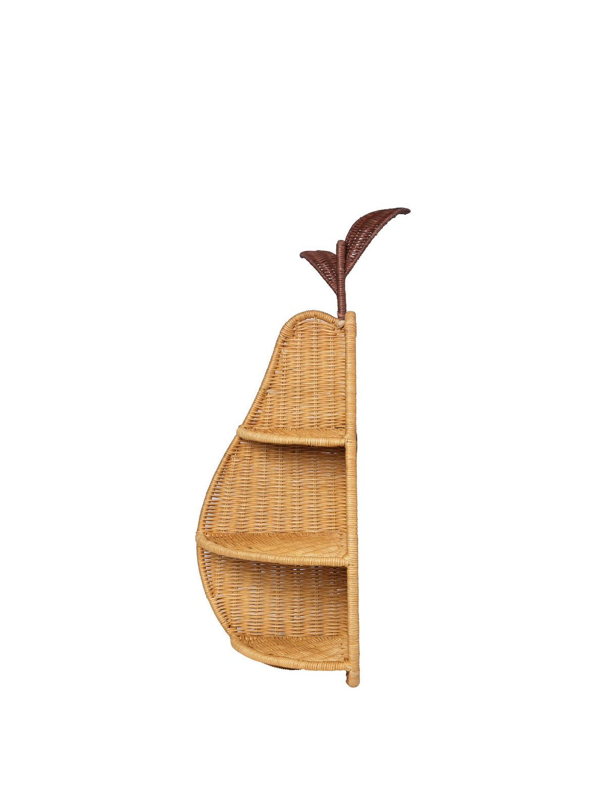 Handgeflochtenes Eckregal aus Rattan in Birnenform mit Eisenstruktur, montiert in einer Zimmerecke, Farbe Natur, Höhe 68 cm.
