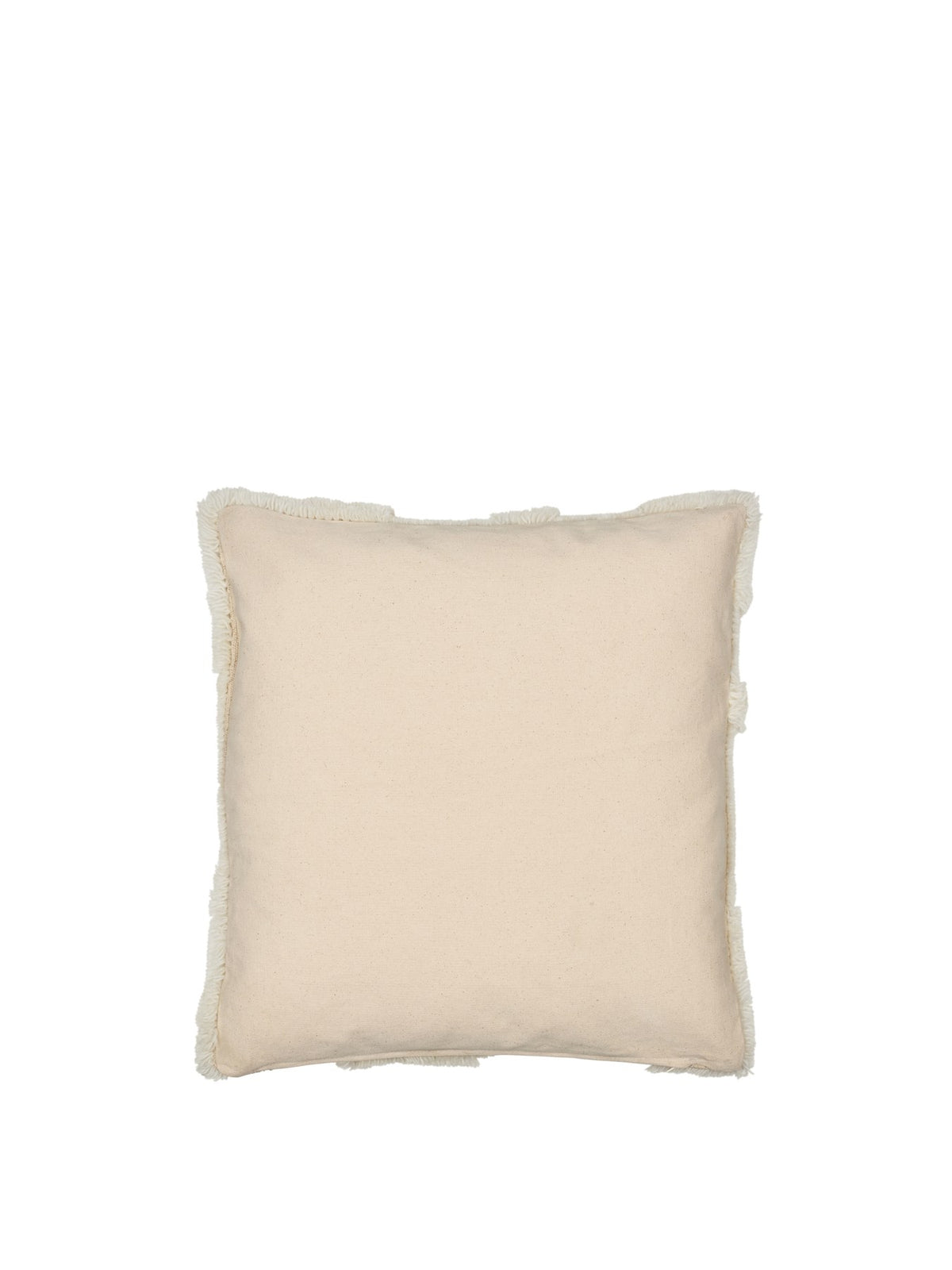 Quadratisches getuftetes Kissen aus Wolle und Baumwolle in Off-White, mit unterschiedlichen Florhöhen und grafischem Musterdesign.