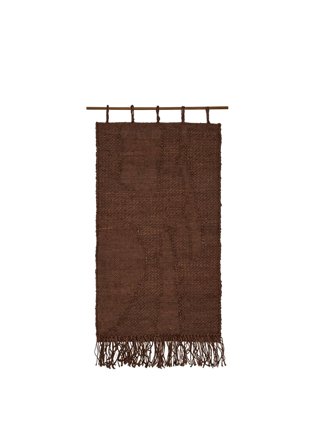Harvest Wandteppich von Ferm Living aus Jute in Dunkler Schokolade, mit Fransen am unteren Rand und Holzstange aus Nussbaumholz.