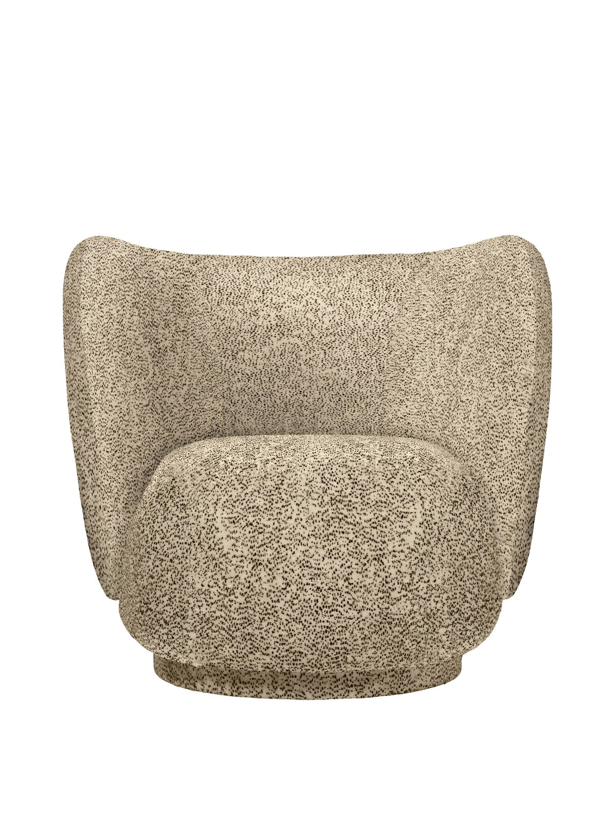 Drehsessel Rico von Ferm Living mit Bezug aus Poppy Velvet in Butter/Black, geschwungene Form, Holz- und Stahlstruktur im Inneren, drehbarer Sockel.