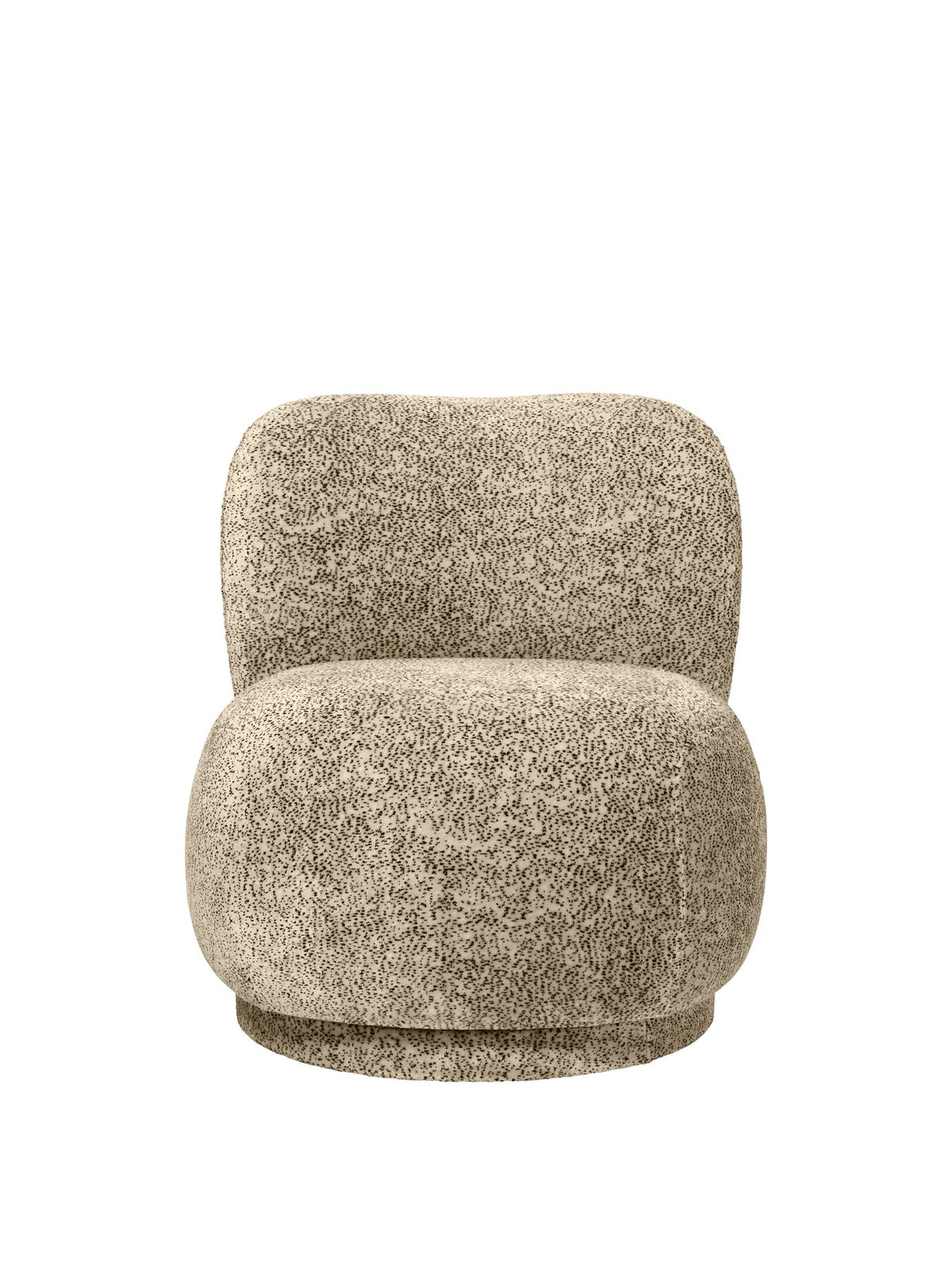 Foto eines Drehsessels Rico Lounge Piccolo von Ferm Living mit Bezug aus Poppy Velvet in Butter/Black, kompakte runde Form und Drehsockel.