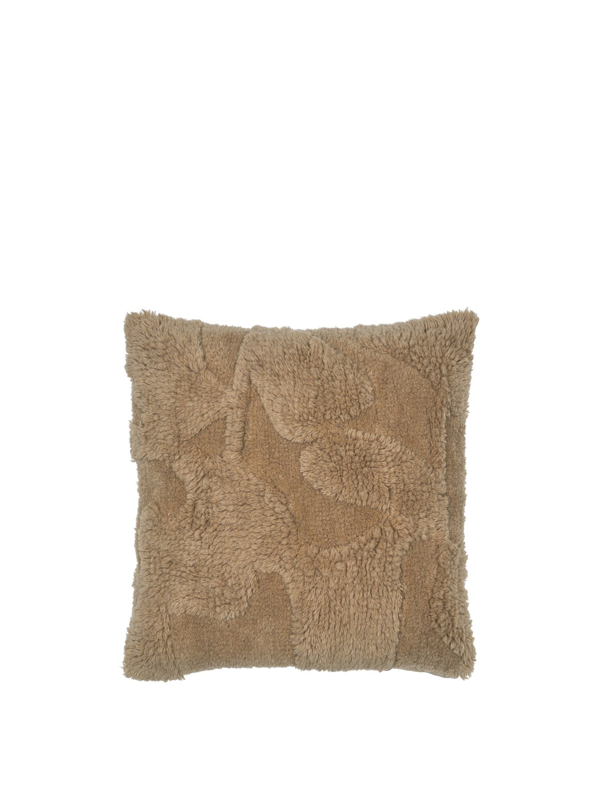 Quadratisches getuftetes Kissen aus Wolle und Baumwolle in Off-White, mit unterschiedlichen Florhöhen und grafischem Musterdesign.