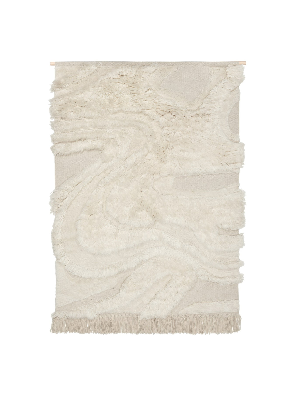 Handgetufteter Wandteppich in Off-White aus Wolle und Baumwolle mit grafischem Muster und Fransen, Grösse 110 x 145 cm, von Ferm Living.