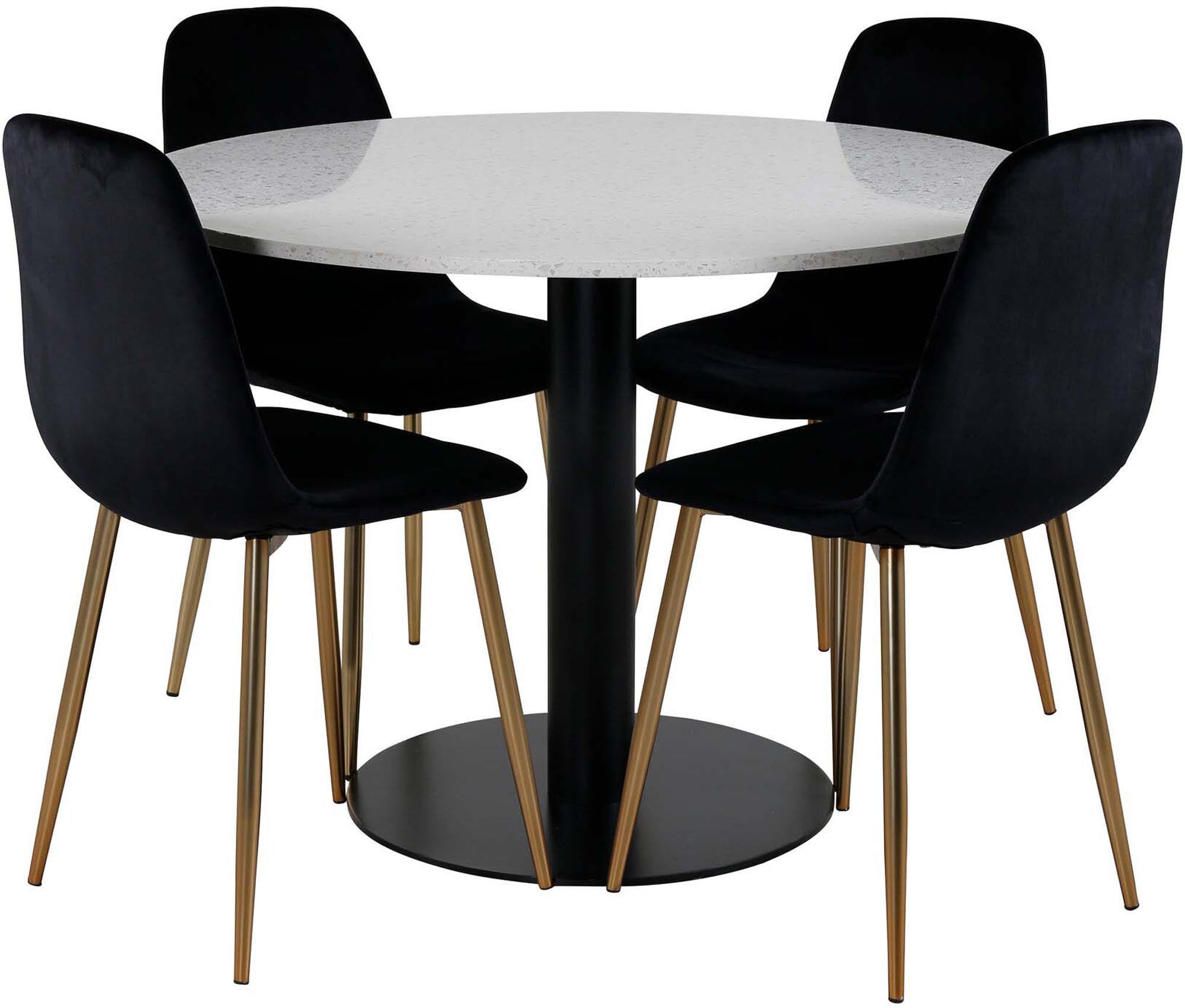 Entdecken Sie das Razzia Esszimmerset + Polar von Venture Home: Eleganter runder Tisch mit marmorierter Oberfläche und luxuriösen Samtstühlen für stilvolle Esszimmer.
