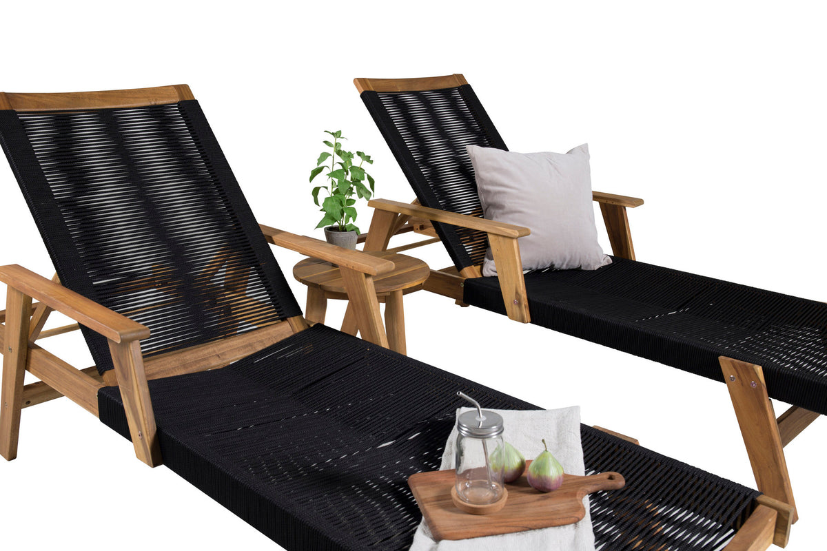 Sonnenliege Little John aus dunkelbraunem Akazienholz mit Bespannung aus Polyesterseil, verstellbare Rückenlehne, Outdoor-Liegestuhl.