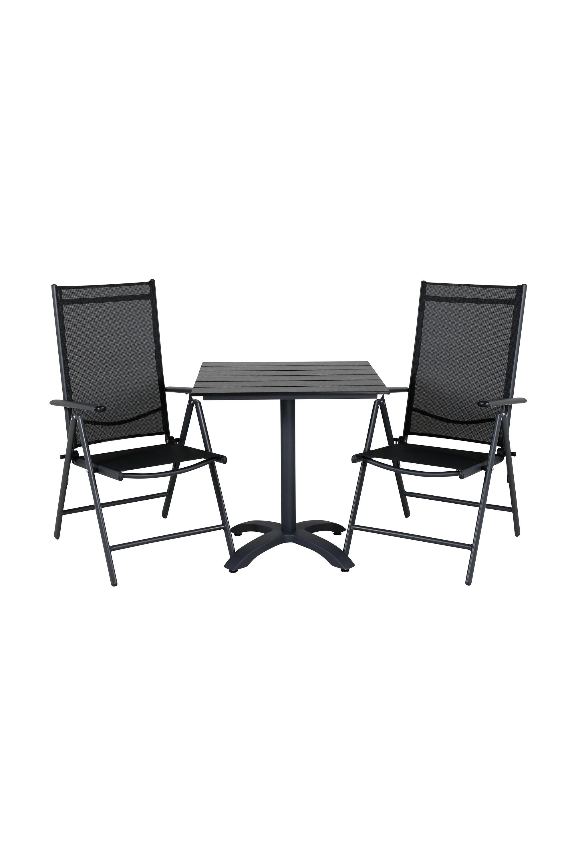 Elegante Essgruppe in Schwarz für Balkon/Terrasse: Tisch aus Aintwood, Stühle aus Textil & Aluminium. Gemütlich & luxuriös.