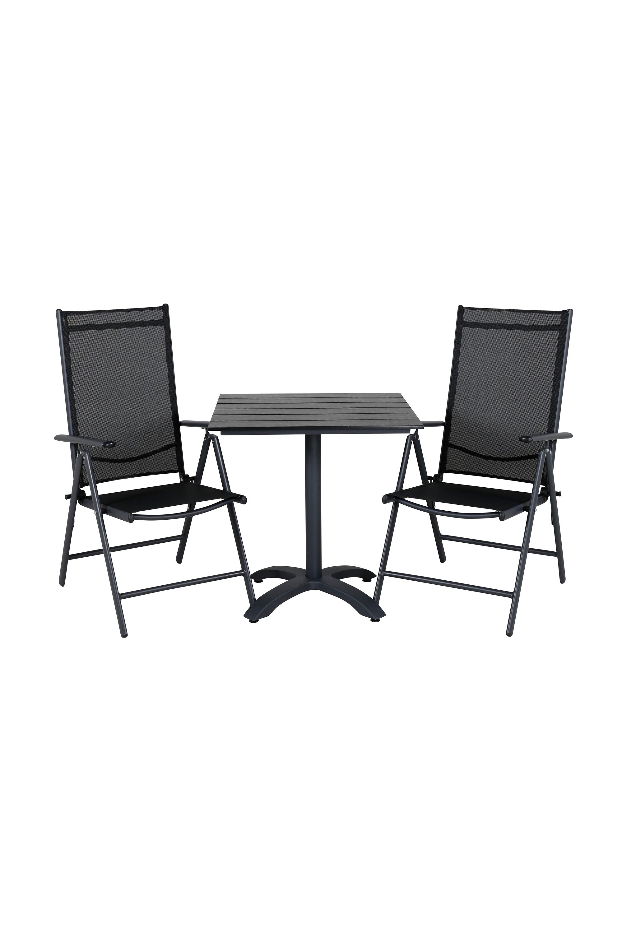 Elegante Essgruppe in Schwarz für Balkon/Terrasse: Tisch aus Aintwood, Stühle aus Textil & Aluminium. Gemütlich & luxuriös.
