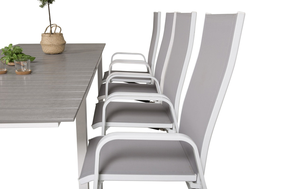 Graues Gartentischset aus Aintwood und Aluminium mit ausziehbarer Tischplatte und sechs klappbaren, pulverbeschichteten Stühlen im Aussenbereich.