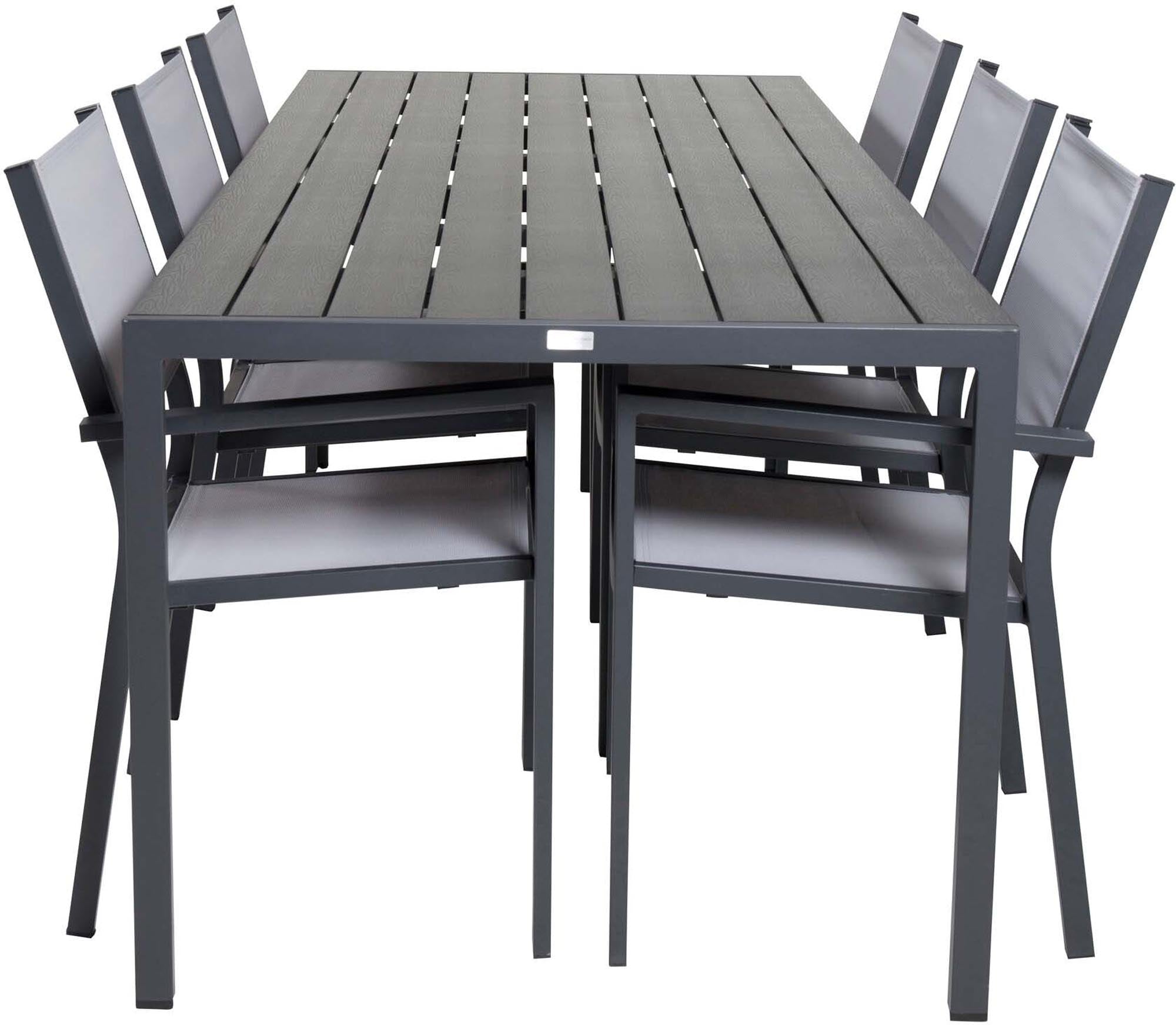 Elegantes Outdoor-Tischset für 6 Personen von Venture Home. Robuster, wetterfester Tisch und bequeme Copacabana Armstühle für unvergessliche Momente im Freien.