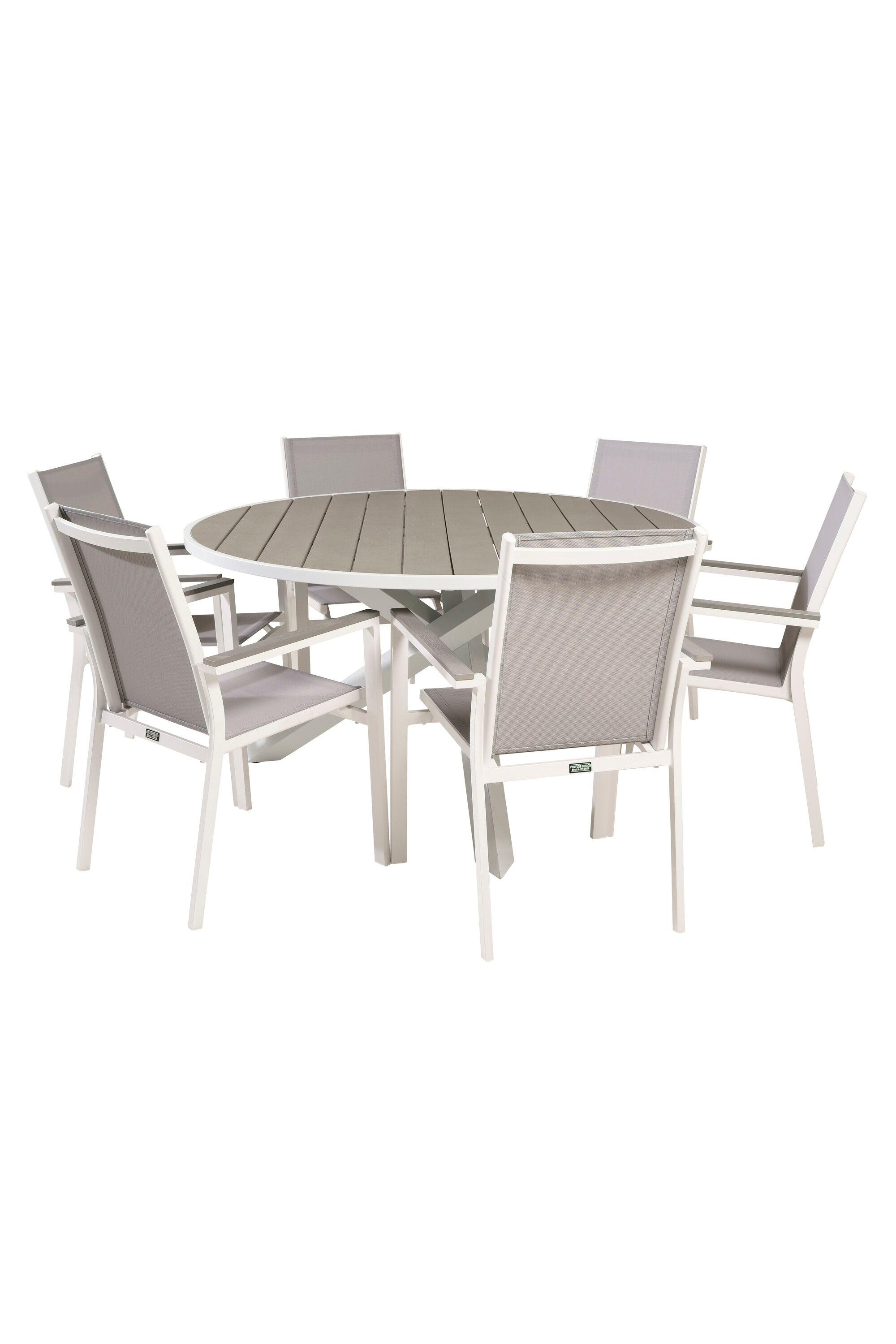 Elegantes Parma Esstisch- und Stuhlset von Venture Home: Robuster Aintwood-Tisch und stapelbare Armstühle für stilvolle Essbereiche.