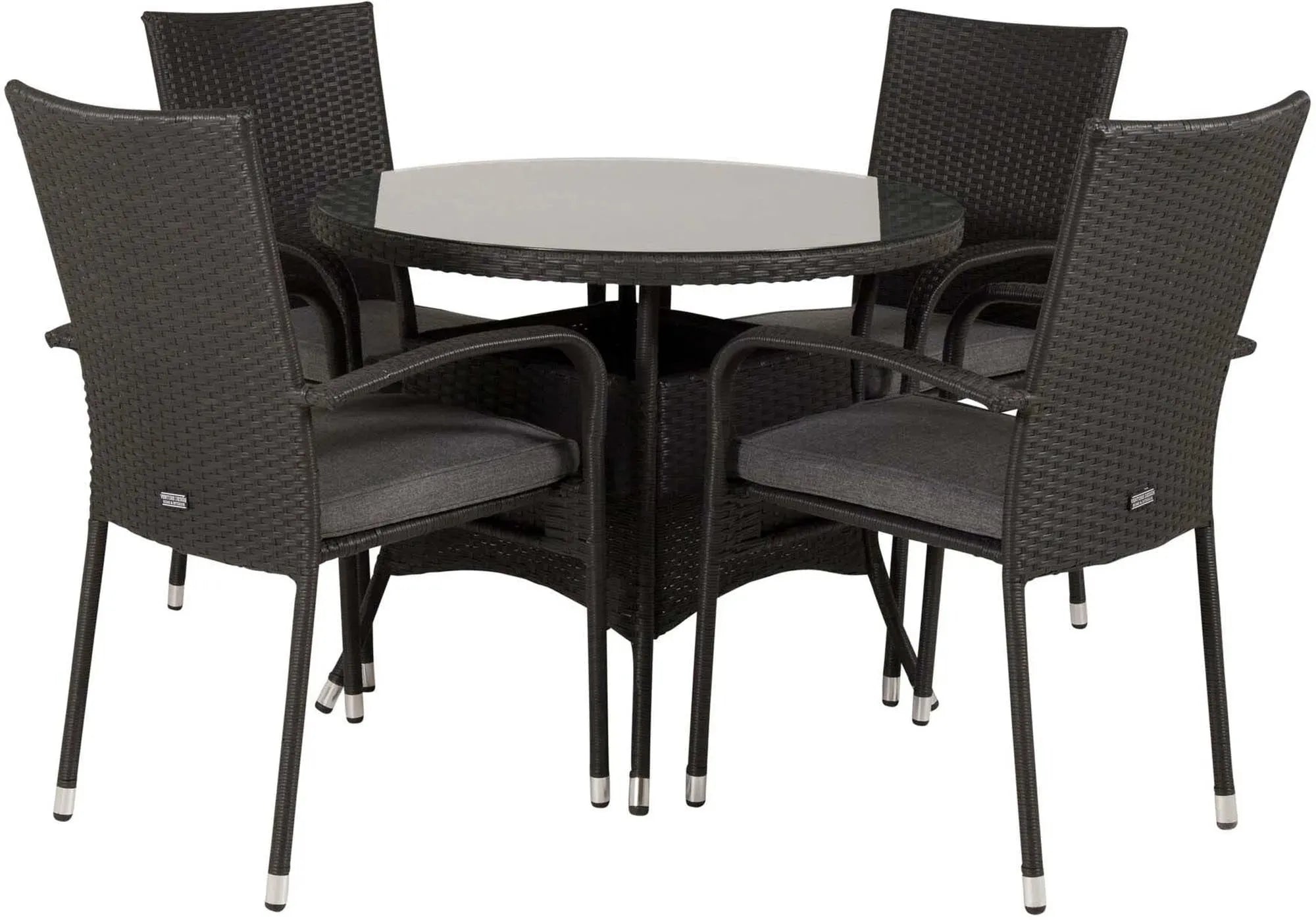 Elegantes Volta Outdoor-Tischset: 90cm Tisch + 4 Anna-Stühle, wetterfestes Korbgeflecht, ideal für Garten & Terrasse.