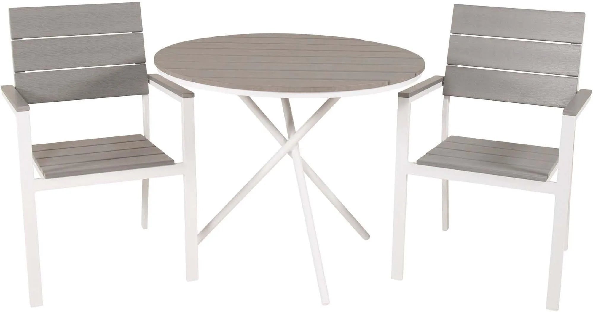 Stilvolles Parma Outdoor-Tischset von Venture Home: Robuster Aintwood-Tisch (⌀90cm) + 2 Levels-Stühle, ideal für Terrasse & Balkon.