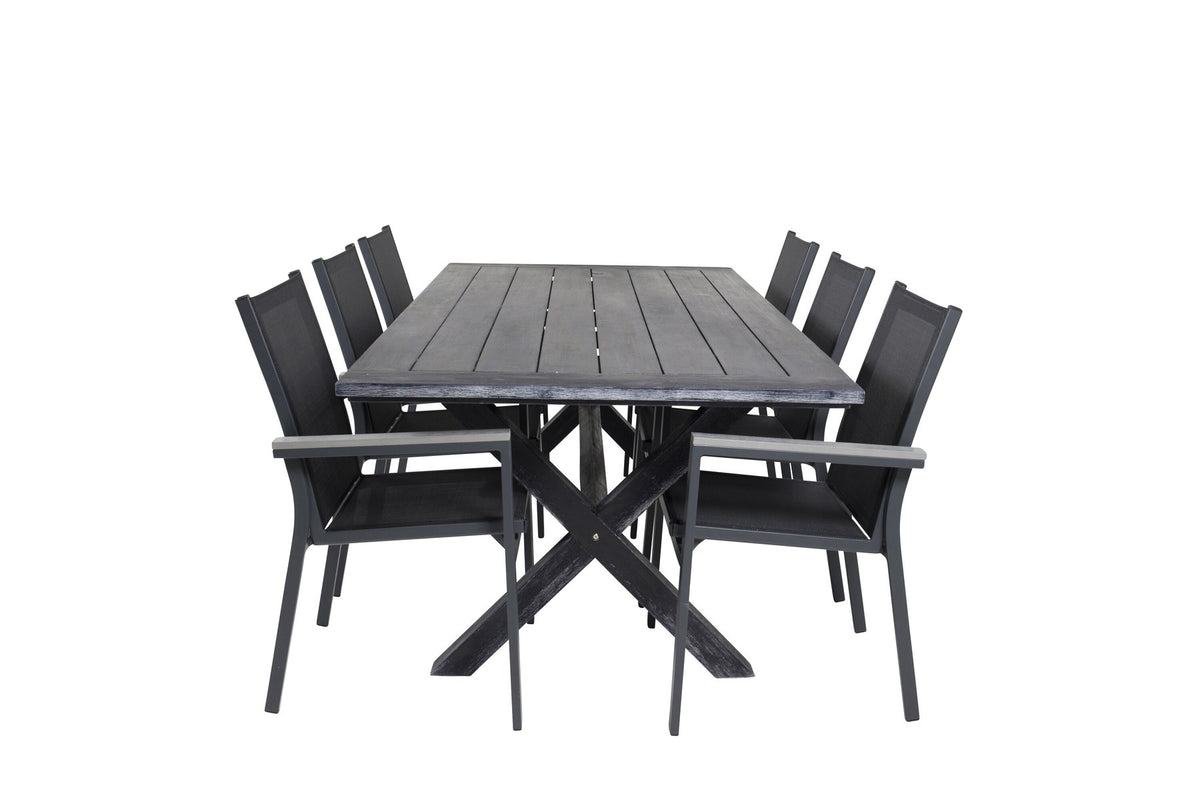Schwarzes Esszimmerstuhl-Set aus Akazienholz mit Aluminiumbeinen und rechteckiger Esstisch 200x100 cm, pulverbeschichtete Oberfläche.