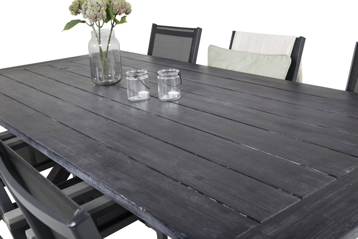 Schwarzes Esszimmerstuhl-Set aus Akazienholz mit Aluminiumbeinen und rechteckiger Esstisch 200x100 cm, pulverbeschichtete Oberfläche.