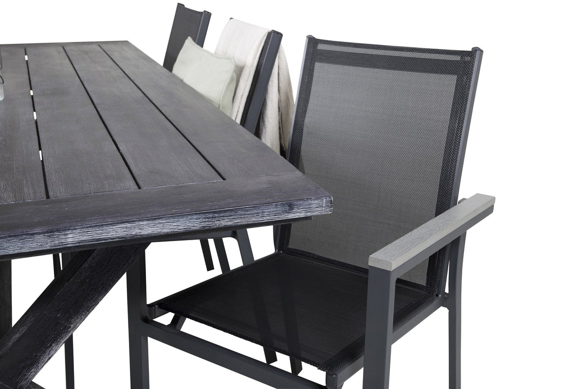 Schwarzes Esszimmerstuhl-Set aus Akazienholz mit Aluminiumbeinen und rechteckiger Esstisch 200x100 cm, pulverbeschichtete Oberfläche.