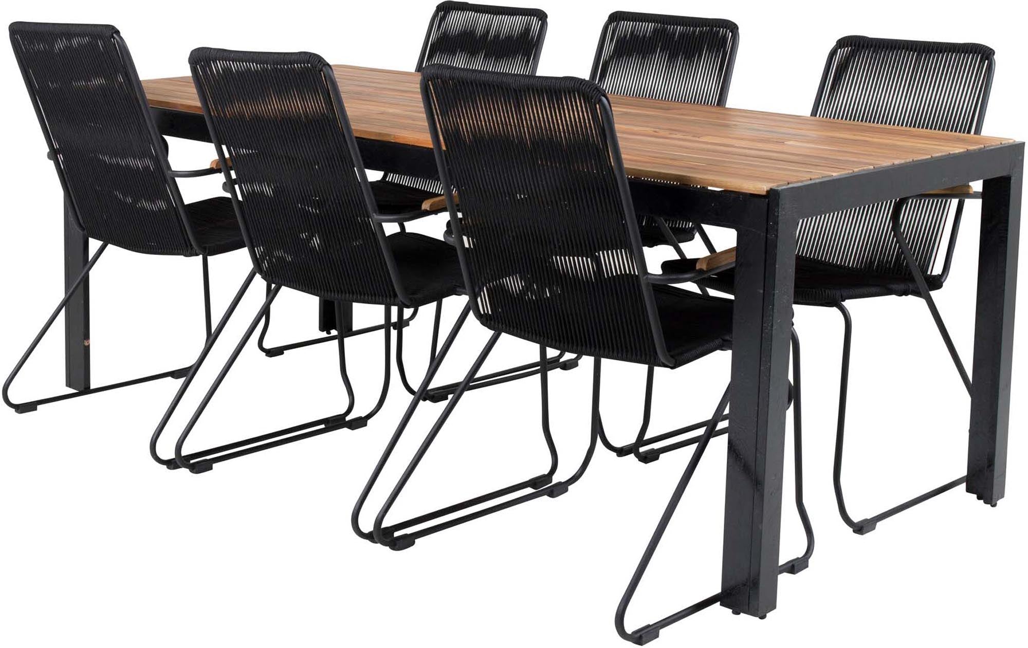 Stilvolles Bois Outdoor-Tischset von Venture Home: 205 cm Tisch und 6 bequeme Stühle aus robustem Akazienholz und Aluminium für Ihren Garten.