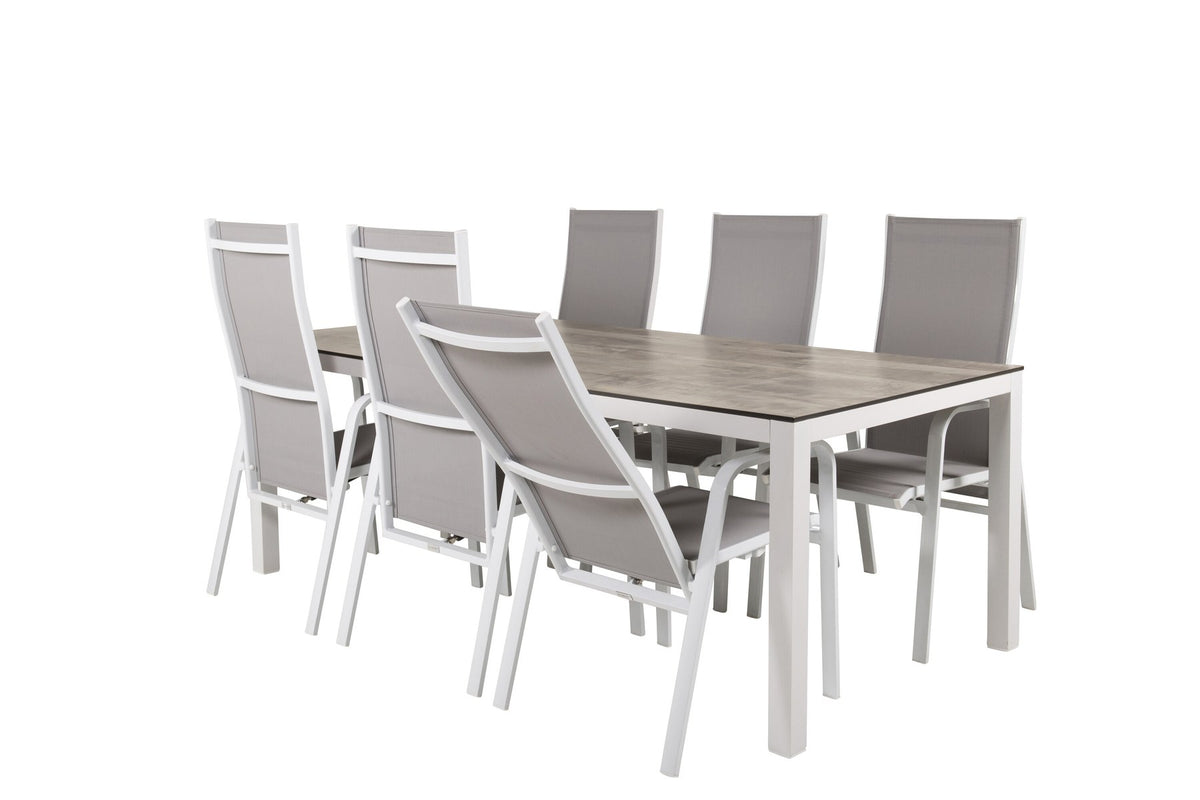 Graues Gartentischset aus Aluminium und HPL: rechteckiger Esstisch 205x100 cm mit zwei Relaxsesseln, pulverbeschichtete Oberfläche.