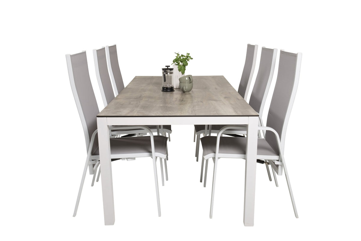 Graues Gartentischset aus Aluminium und HPL: rechteckiger Esstisch 205x100 cm mit zwei Relaxsesseln, pulverbeschichtete Oberfläche.