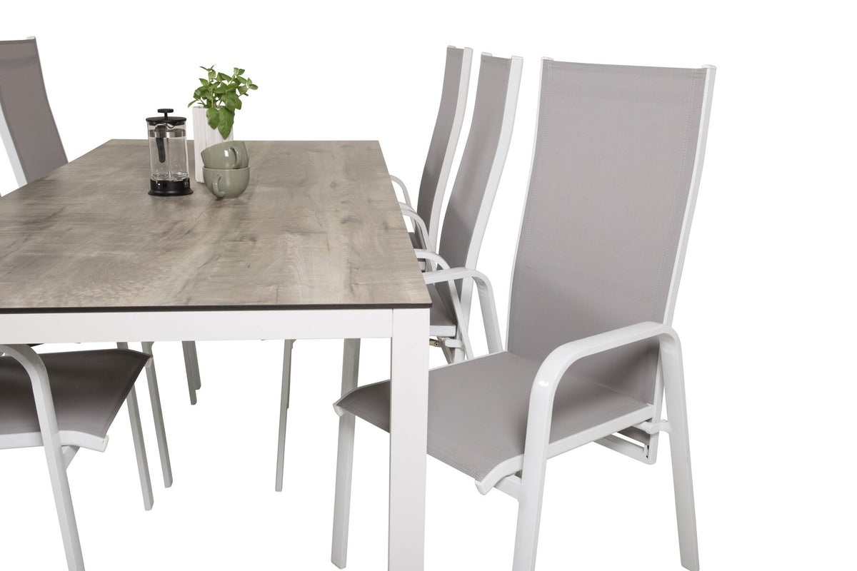 Graues Gartentischset aus Aluminium und HPL: rechteckiger Esstisch 205x100 cm mit zwei Relaxsesseln, pulverbeschichtete Oberfläche.