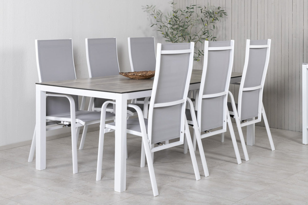 Graues Gartentischset aus Aluminium und HPL: rechteckiger Esstisch 205x100 cm mit zwei Relaxsesseln, pulverbeschichtete Oberfläche.
