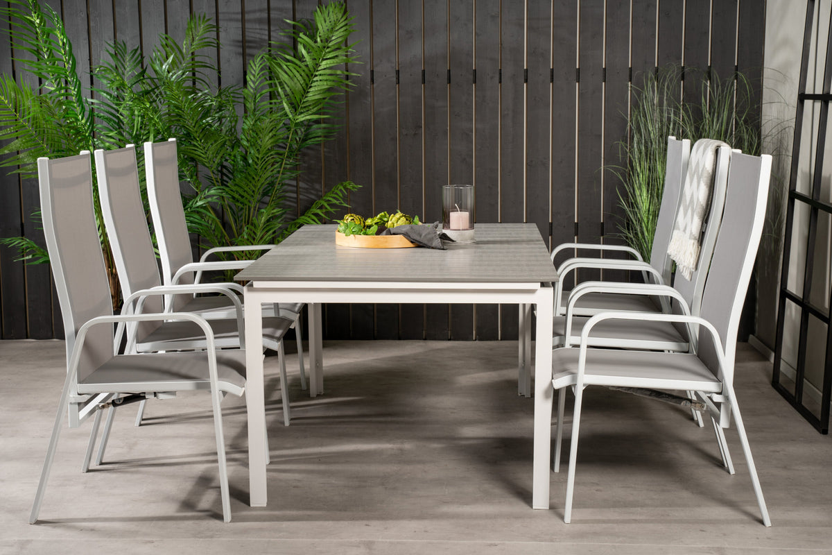 Levels Outdoor-Tischset ausziehbar + Copacabana 160cm/6St. in Grau weiss präsentiert im Onlineshop von KAQTU Design AG. Gartentischset ist von Venture Home