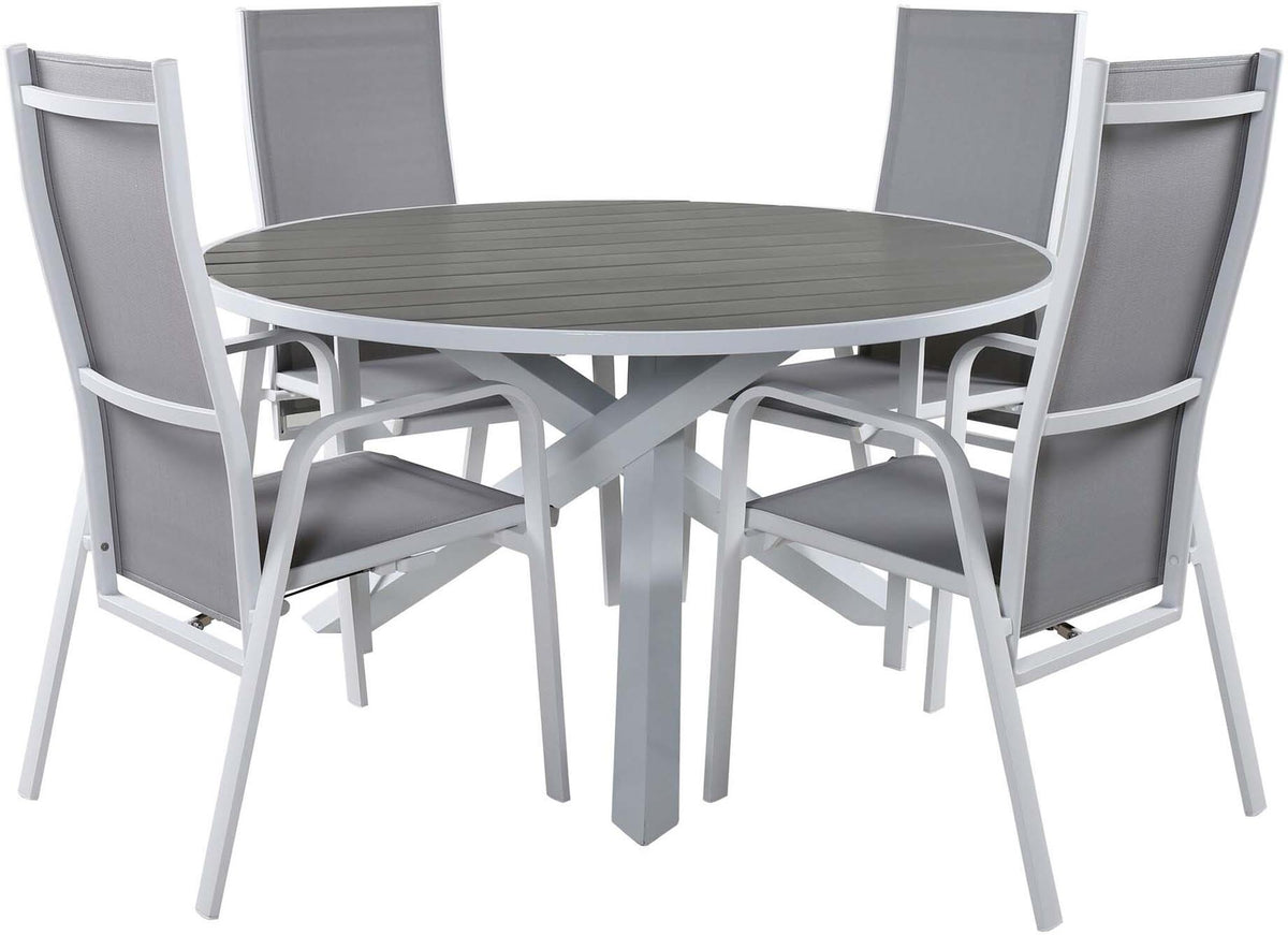 Rundes Gartentischset Parma mit ⌀140cm Tisch aus Aintwood und vier Copacabana Stühlen aus Textilene in Grau Weiss, Outdoor-Möbel von Venture Home