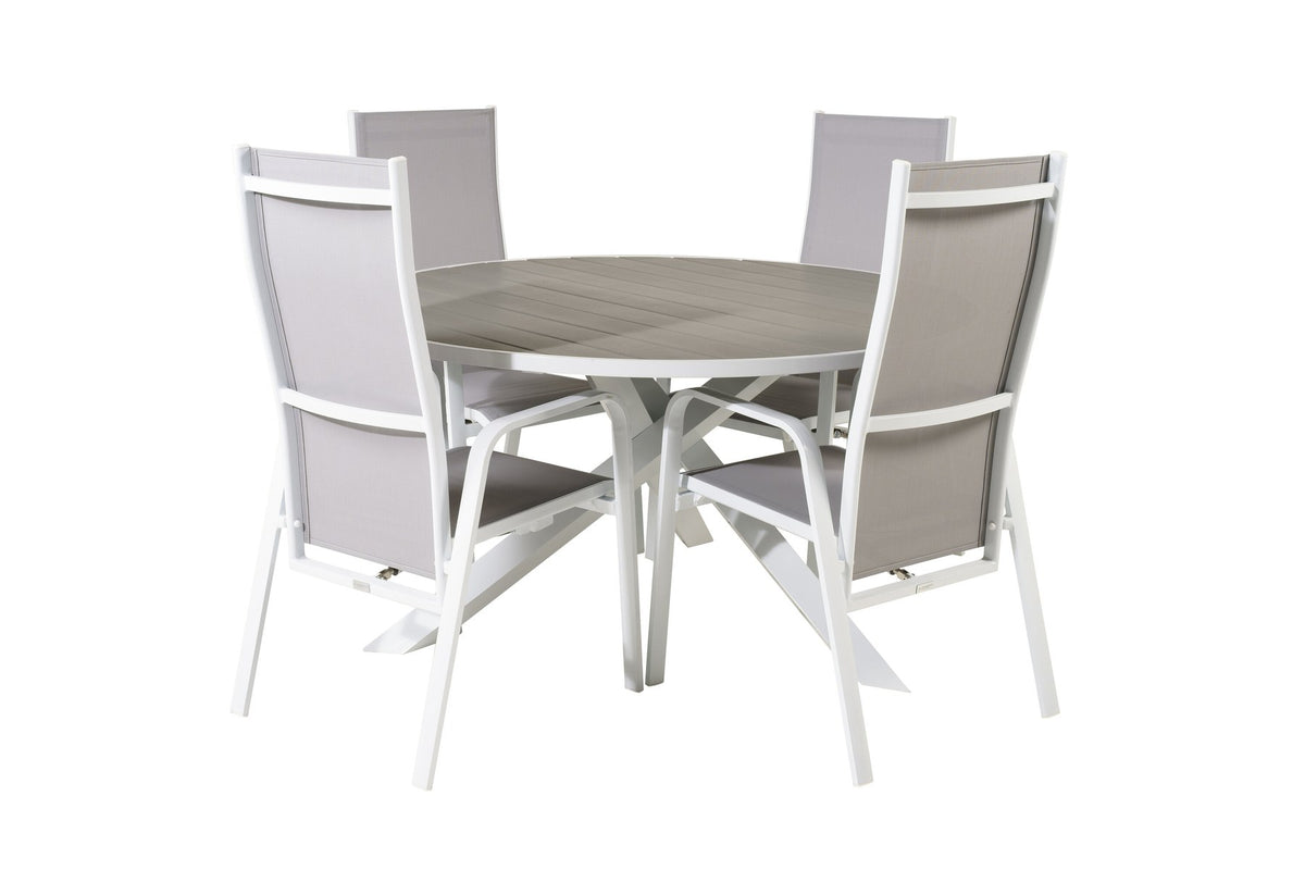 Rundes Gartentischset Parma mit ⌀140cm Tisch aus Aintwood und vier Copacabana Stühlen aus Textilene in Grau Weiss, Outdoor-Möbel von Venture Home