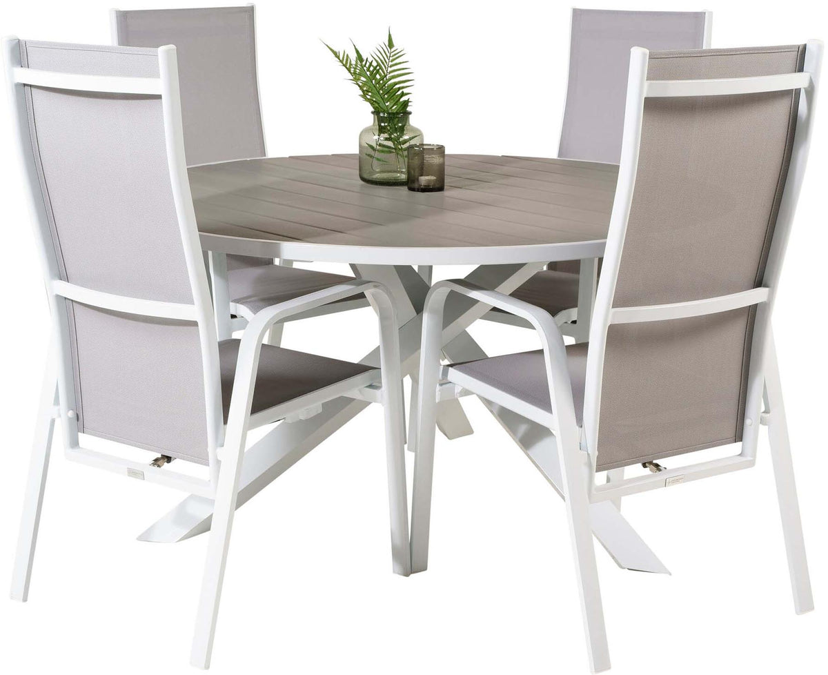 Rundes Gartentischset Parma mit ⌀140cm Tisch aus Aintwood und vier Copacabana Stühlen aus Textilene in Grau Weiss, Outdoor-Möbel von Venture Home