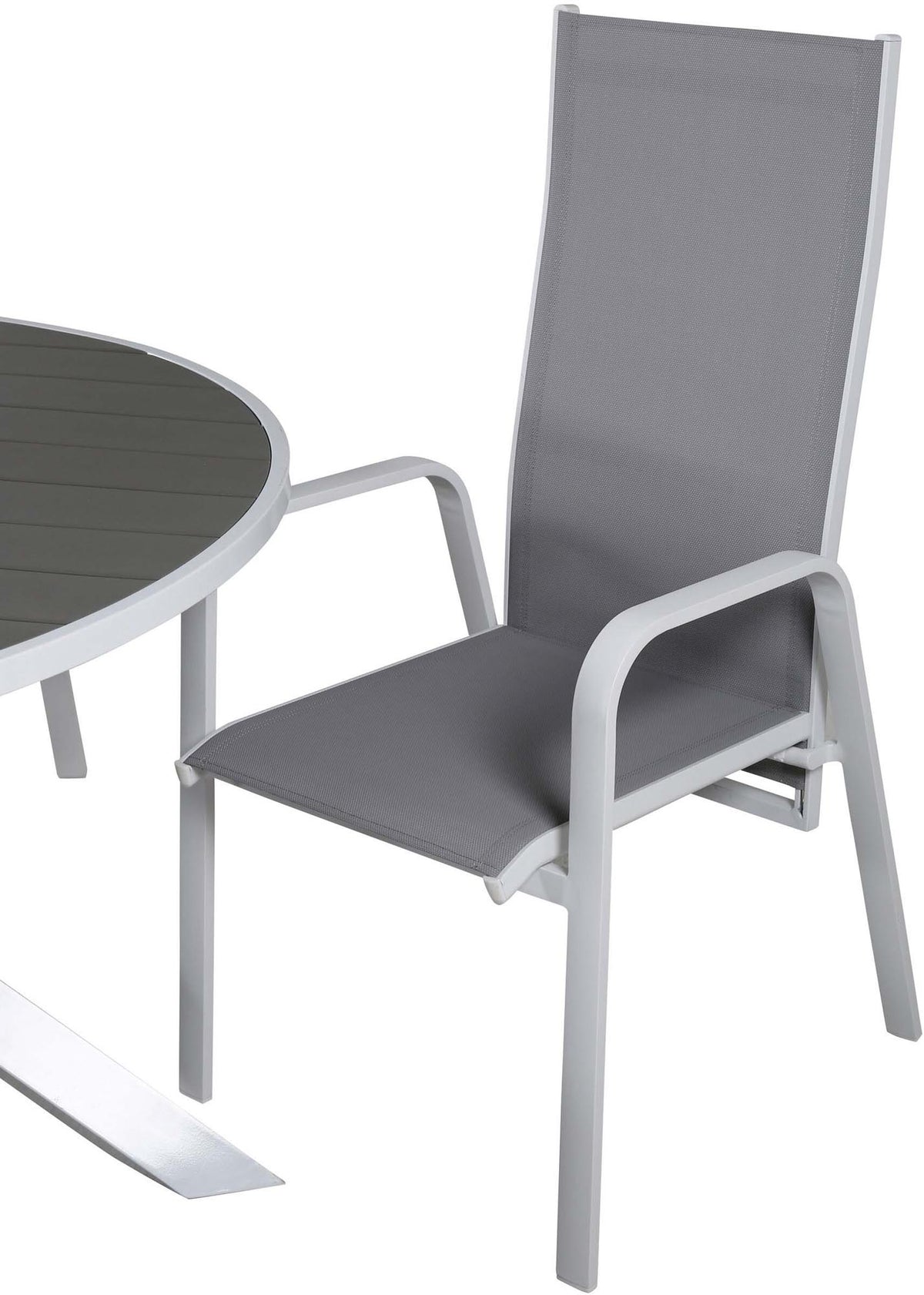 Rundes Gartentischset Parma mit ⌀140cm Tisch aus Aintwood und vier Copacabana Stühlen aus Textilene in Grau Weiss, Outdoor-Möbel von Venture Home