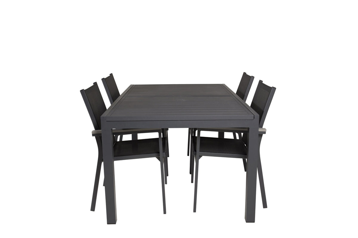 Schwarzes Gartentischset aus Aluminium: ausziehbarer Marbella Tisch mit stapelbaren Parma Armstühlen, pulverbeschichtete Oberfläche.